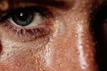 Fototapeta premium A crying person during a breakthrough moment, subtle tears, realistic skin puffiness, messy environment, raw and powerful