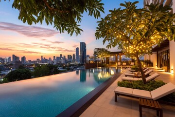 Fototapeta premium Serene Rooftop Infinity Pool Overlooking City Panorama at Sunset
