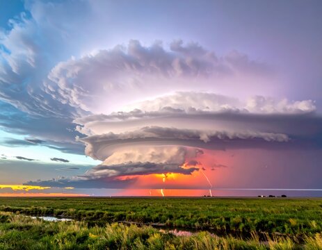 Dramatic Supercell Thunderstorm with Lightning Strikes Over a Green Landscape at Sunset.