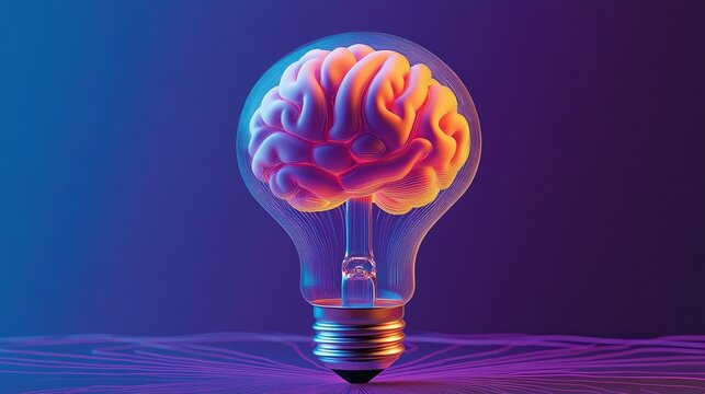 Brain Illuminated: An innovative depiction of a human brain encased within a glowing lightbulb, illustrating the spark of ideas and the power of knowledge and insight.