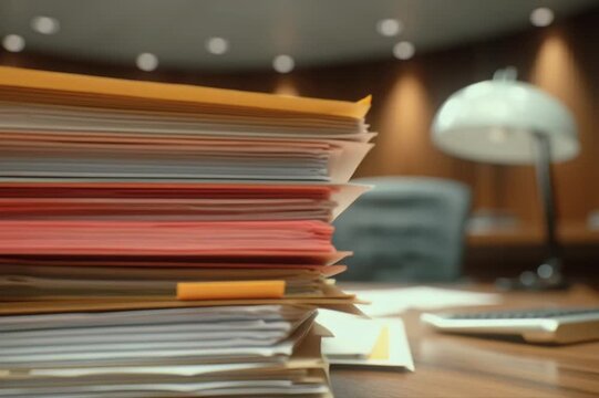 Stack of case files and folders on a clerk's desk in an office setting, showcasing various colors and sizes of documents with a blurred background of furniture