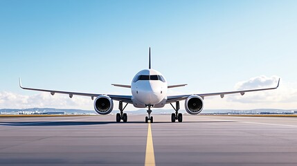 Air Travel: A passenger airplane gracefully poised on a runway against a bright blue sky, ready for takeoff, symbolizing journey and freedom.