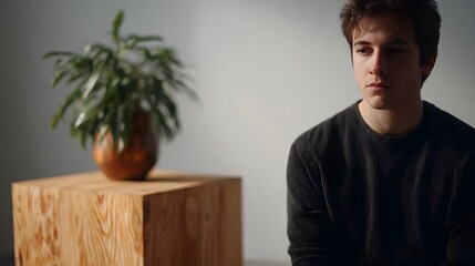 A thoughtful young man sits in quiet contemplation next to a potted plant on a wooden cube in a minimalist interior
