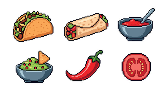 Pixel art Mexican food items and ingredients including a taco, burrito, salsa, guacamole, chili pepper, and tomato, rendered in a retro 8-bit video game style.