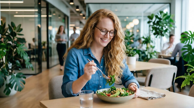 Smiling businesswoman eating a healthy salad during lunch break in modern office.