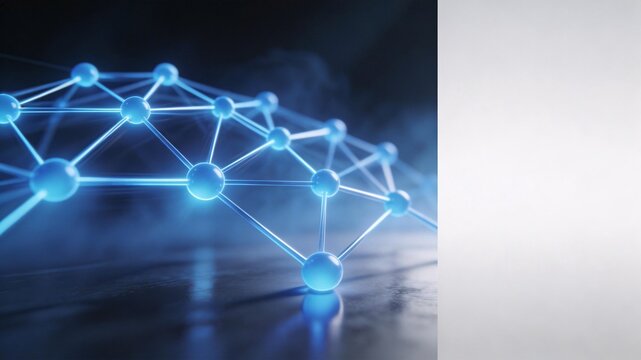 Glowing blue network nodes connecting across reflective surface in low light