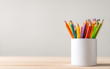 Fototapeta premium Colorful Crayons in White Container on a School Desk in Bright Scene