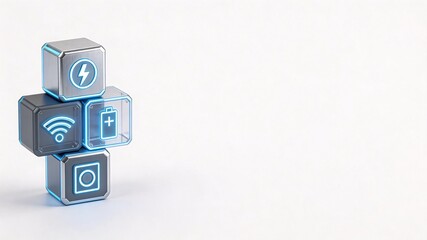Blue 3D technology cubes stacked on white background representing connectivity