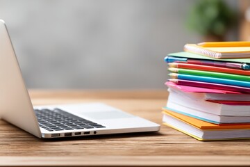 Closeup of Modern Workspace with Laptop and Colorful Notepads on Table