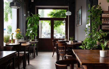 Fototapeta premium Cozy Dark Interior of a Cafe Showcasing Green Plants and Wooden Furniture