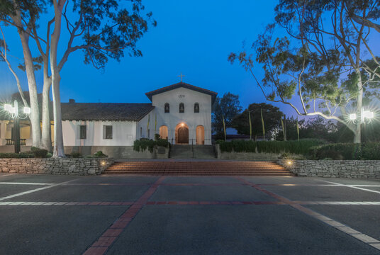 The Mission San Luis Obispo at Dawn, a historic 18th century religious house founded by the Spanish.