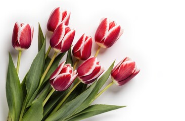 Obraz premium Red and white tulips on white background: elegant floral arrangement with green leaves