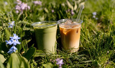 two take away coffee drinks sitting in a meadow of grass and spring flowers. close up on the drinks one is a matcha and one is an iced latte