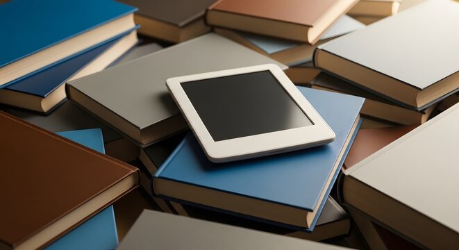Celebrating world book day with a pile of books and an e reader