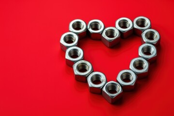 Heart-shaped arrangement of metal nuts on red background