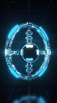 Abstract CGI representation of inner ear balance organ mechanism with rotating gyroscope and glowing blue HUD elements on dark grid background showing vestibular system function concept
