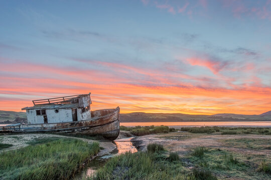 Point Reyes National Seashore, a shipwreck on shore at sunrise
