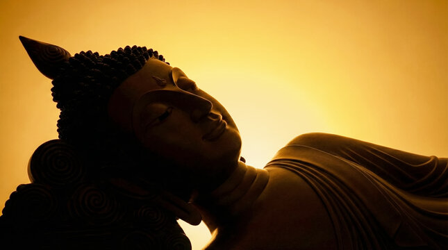 Silhouette of Reclining Buddha Statue Against Golden Sunset Sky