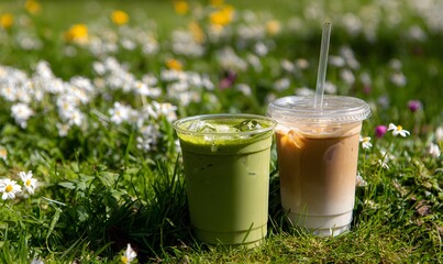 two take away coffee drinks sitting in a meadow of grass and spring flowers. close up on the drinks one is a matcha and one is an iced latte