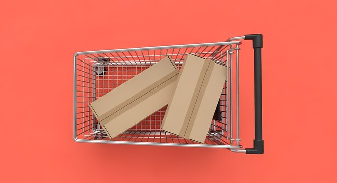 empty shopping cart with credit cards on red background.