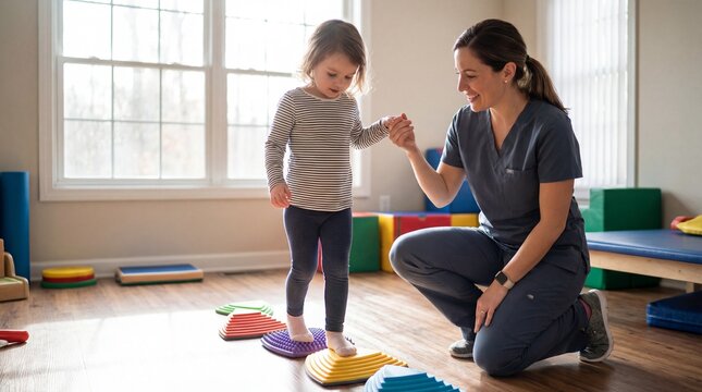Caring female physical therapist helps a young girl with balance exercises on colorful pods in a sunlit clinic.