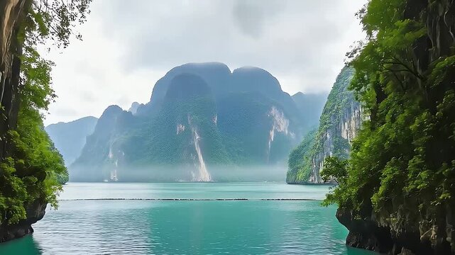 A wide shot captures majestic limestone karsts rising from serene turquoise waters, framed by lush green cliffs, creating a peaceful asian vista.