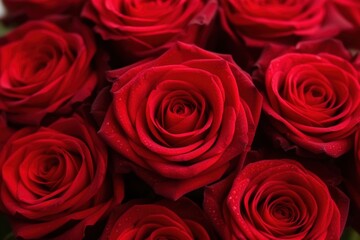 Naklejka premium Vibrant red roses with dew drops close-up
