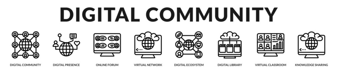 Digital community banner presenting connected knowledge networks and collaborative virtual ecosystems in Lineal Icon Style