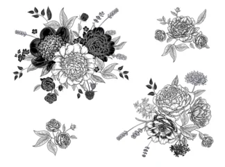 Set of blooming peonies bouquet . Black and white decoration. Vintage © marinavorona