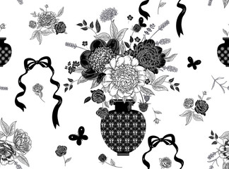 A bouquet of peonies in a vase. Black and white floral pattern. © marinavorona