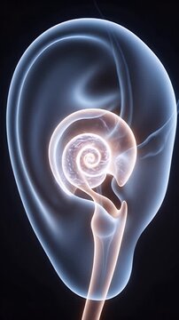Abstract CGI visualization of a healthy human ear anatomy and cochlea structure with glowing details on a dark background