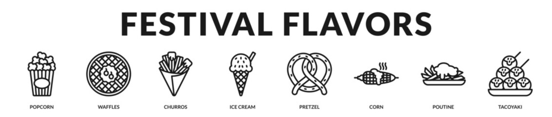 Fototapeta premium Festival flavors banner capturing joyful fairground favorites and vibrant celebratory cuisine in Lineal Icon Style