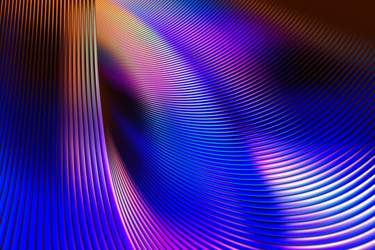 Iridescent curved lines abstract background. Fractal 3D render. Colorful glowing pattern.