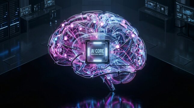 Neon digital brain with AI core chip in server lab depicting neural processing
