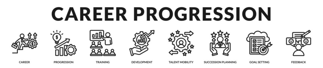 Obraz premium Career progression banner focused on structured advancement pathways and continuous professional growth in Lineal Icon Style