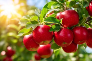 Obraz premium Freshly Picked Red Apples on a Tree Branch in a Lively Village Setting
