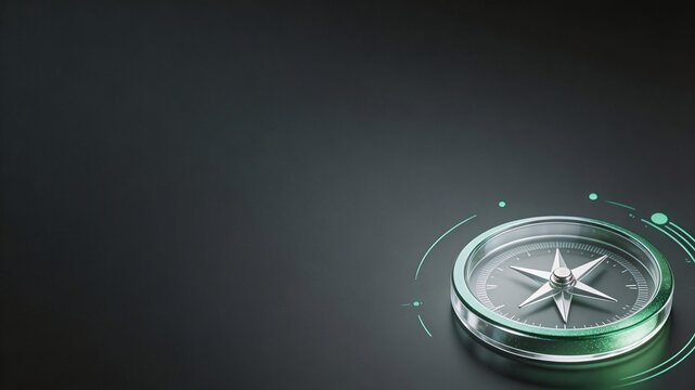 Metal compass with glowing HUD indicating direction on dark background