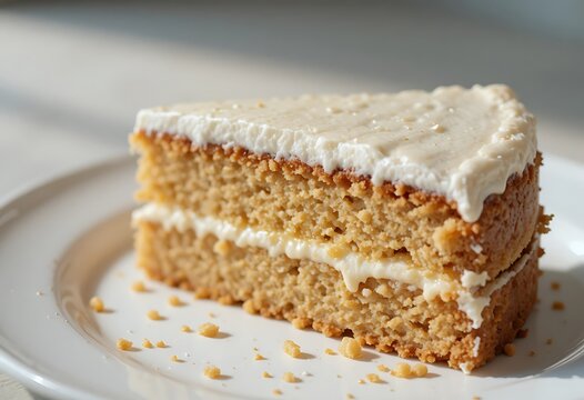 A slice of layered cake topped with creamy white frosting on a white plate. und kuchen
