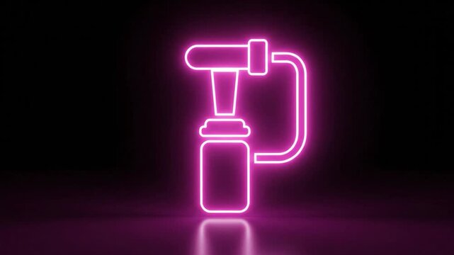 Bright pink neon outline of a breast pump icon illuminating a dark background.