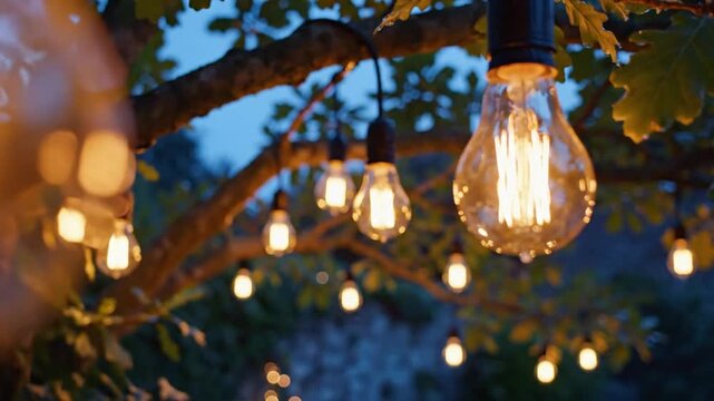 Outdoor string lights illuminating a backyard oak tree at dusk creating a warm and inviting atmosphere