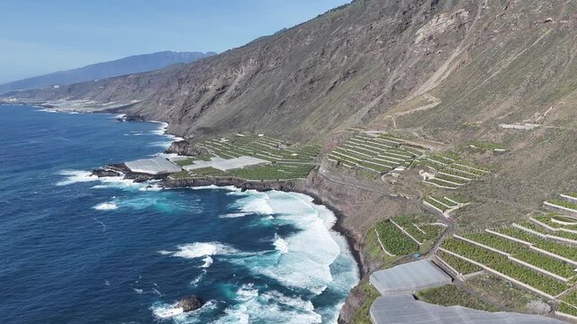 High waves of the Atlantic Ocean off the coast of the Canary Islands, La Palma, nudist beach Playa La Zamora Chica, bathing prohibited, Cavendish banana plantation,