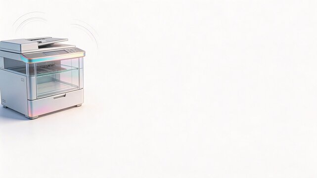 Multifunction office printer on white background with spacious copy space