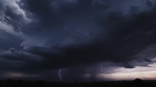 Dramatic storm clouds gather over a dark landscape with lightning and sunset