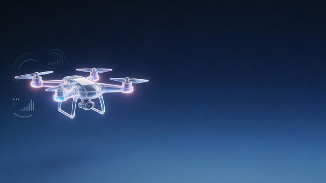 Holographic quadcopter drone hovering with digital interface on dark background