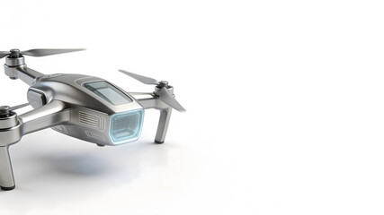 Silver compact quadcopter drone studio shot on white background with copy space