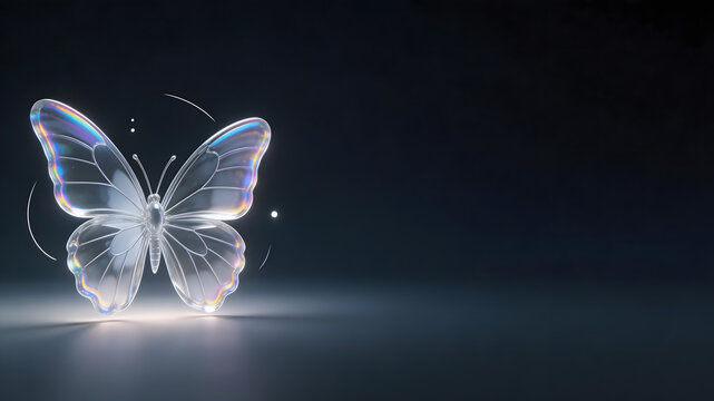 Iridescent glass butterfly illuminated on dark studio background with glow