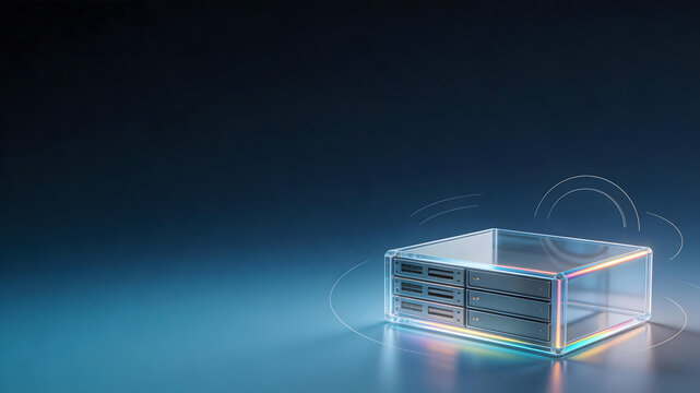 Transparent server cube on reflective surface representing secure data storage