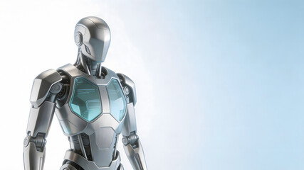 Fototapeta premium Futuristic silver humanoid robot standing on pale blue gradient background