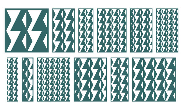 Set of zigzag geometric laser cut panels. Abstract angular lattice patterns for CNC cutting, decorative screens, wall panels, partitions and modern craft or interior design projects.