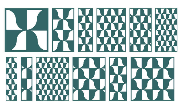 Set of geometric square based laser cut panels with repeating abstract shapes. Decorative vector templates for CNC cutting, wall panels, partitions, screens and modern architectural decor.